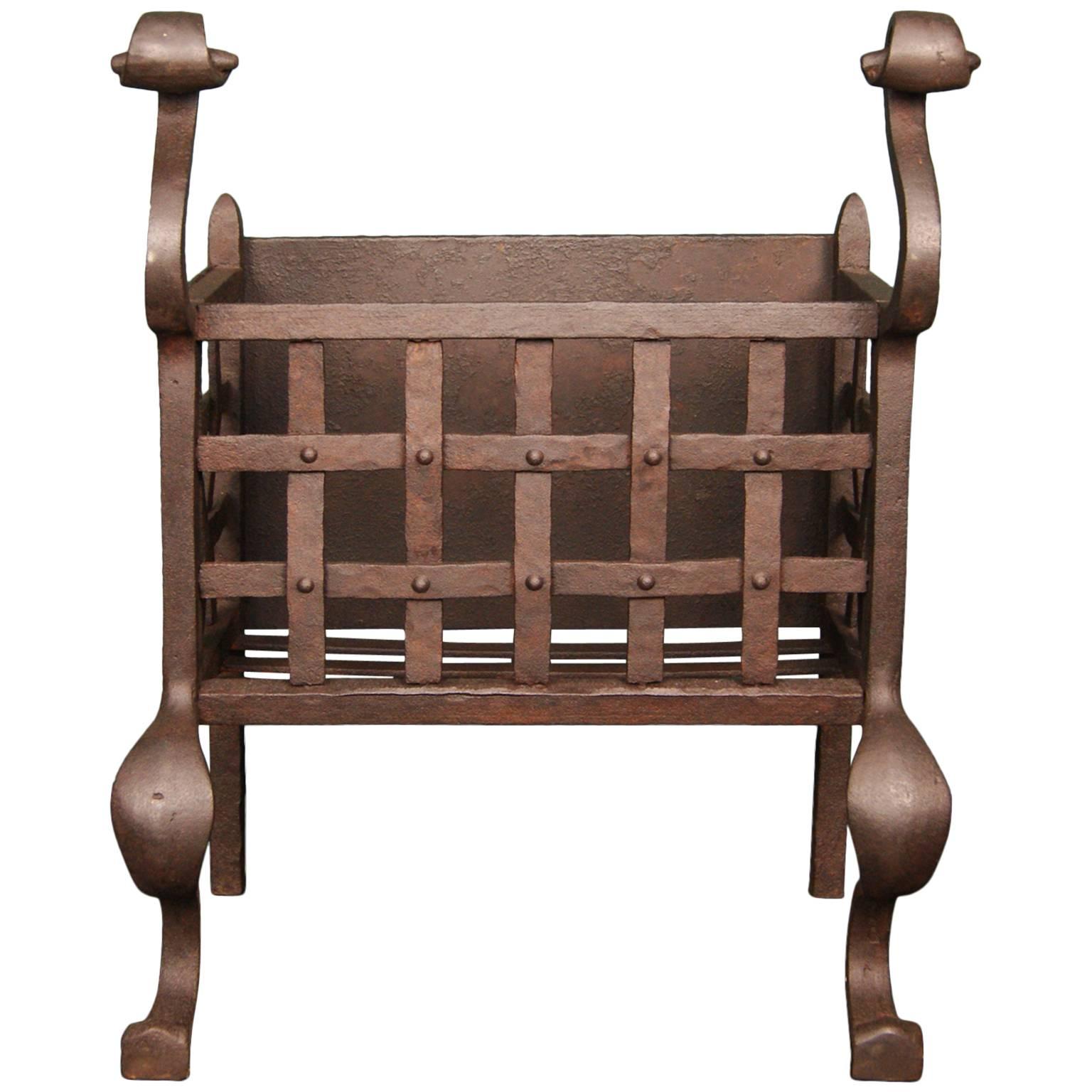 Small Wrought and Cast Iron Fireplace Fire Basket For Sale