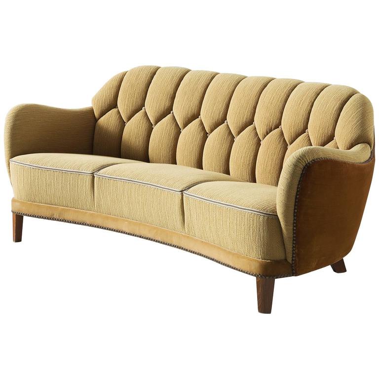 Danish Curved Sofa in Yellow and Brown Velours For Sale at ...