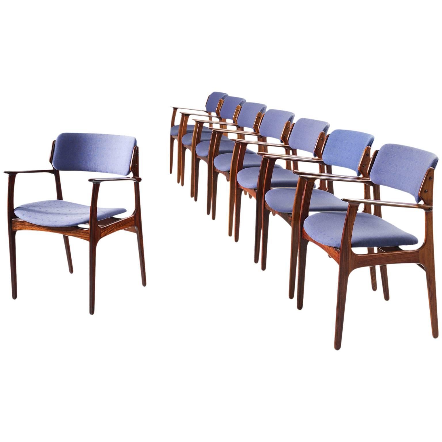 Erik Buck Set of Eight Dining Chairs in Rosewood and Blue Fabric Upholstery