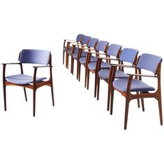 Erik Buck Set of Eight Dining Chairs in Rosewood and Blue Fabric Upholstery