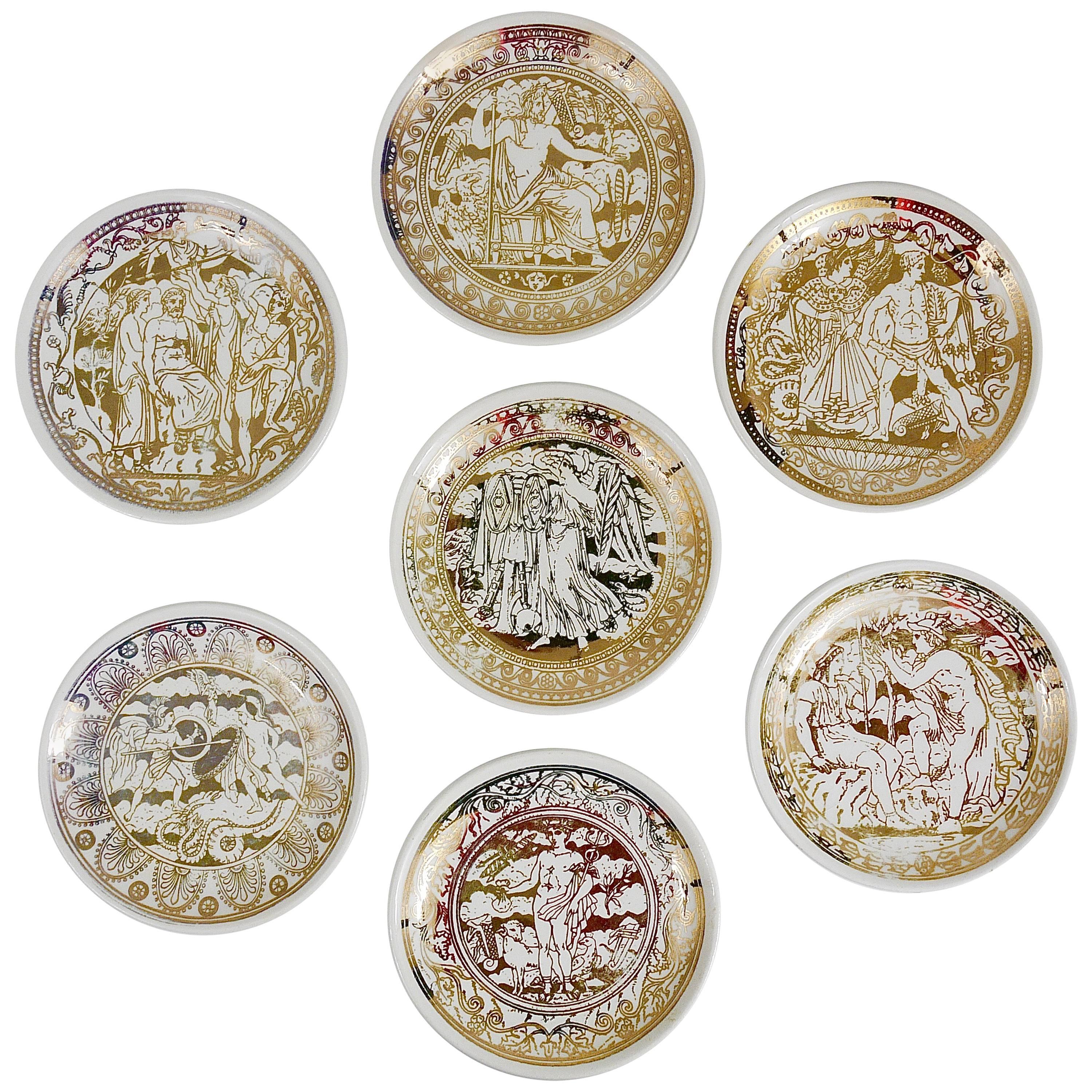 Set of Seven Piero Fornasetti Mitologia Gilded Porcelain Coasters, Italy, 1950s