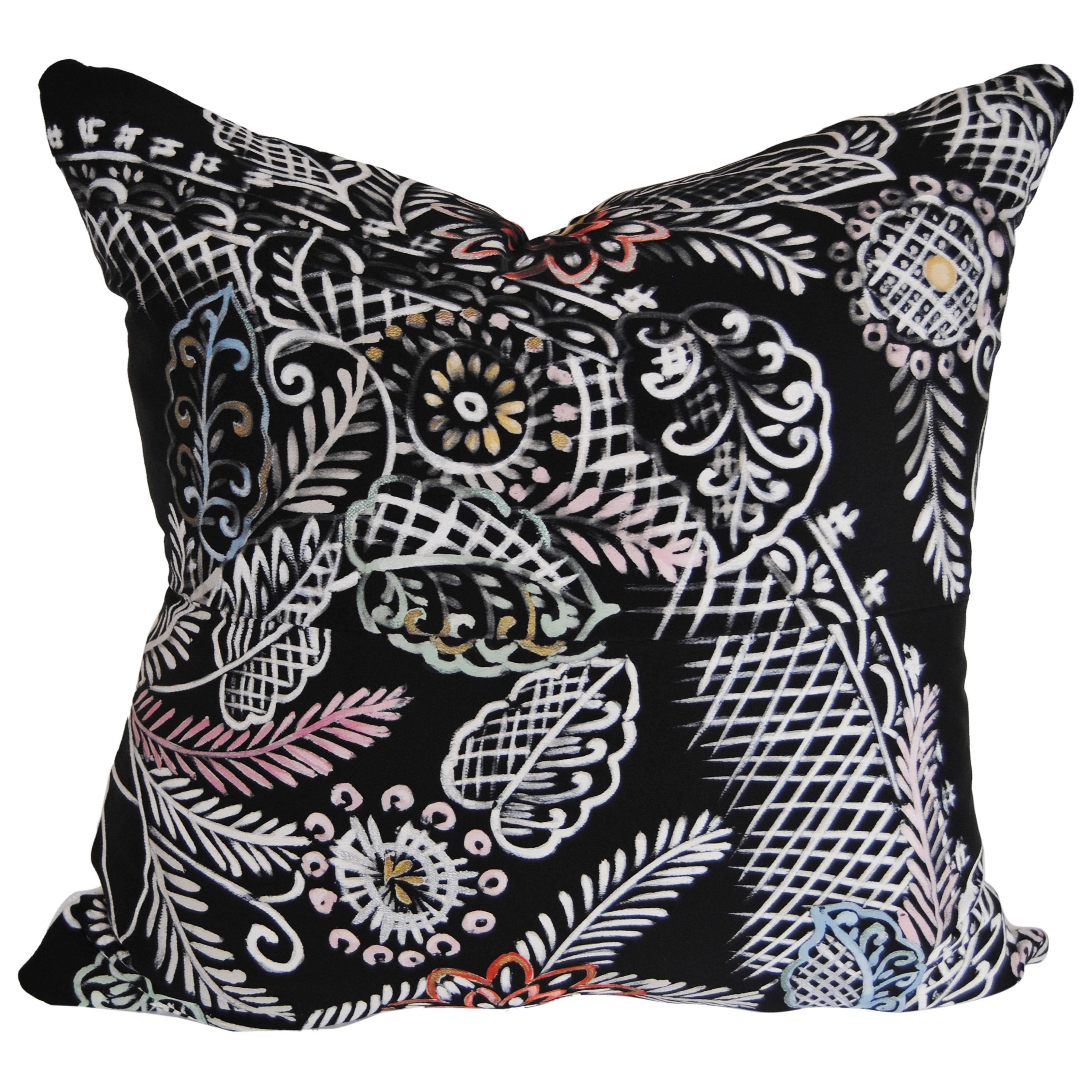 Custom Pillow Cut from a Vintage Hand-Painted Japanese Black Silk Kimono For Sale