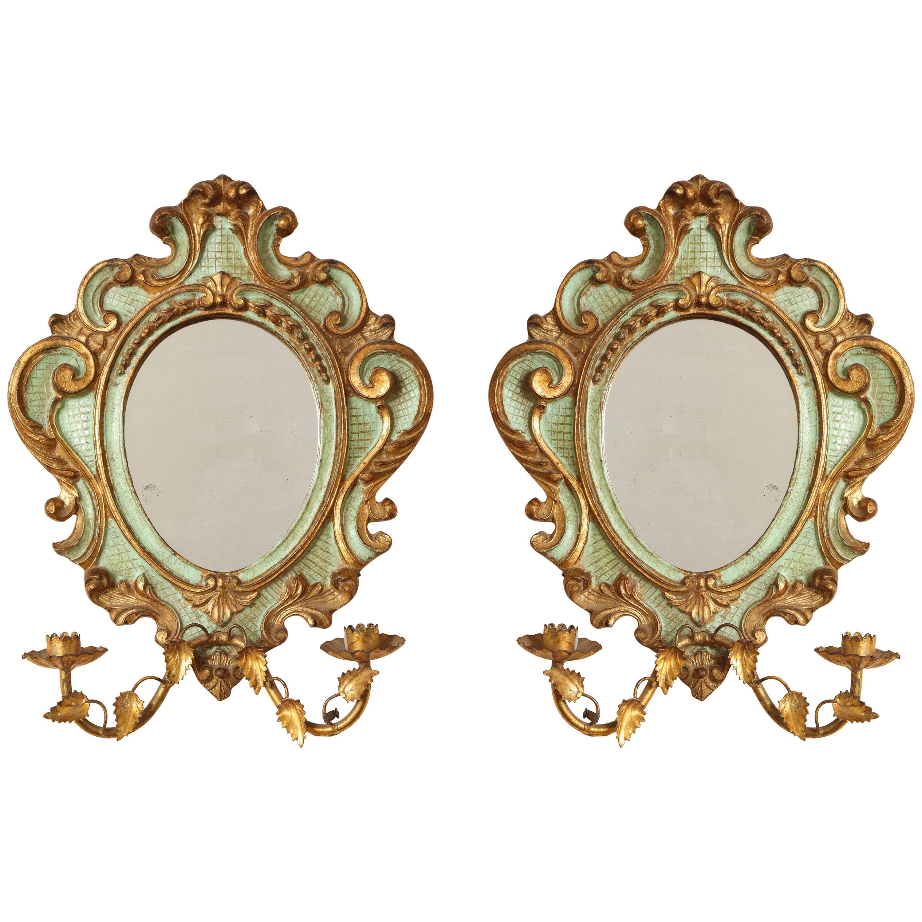 Pair of Venetian Painted and Gilded Girandoles or Wall Sconces, Two Candlearms