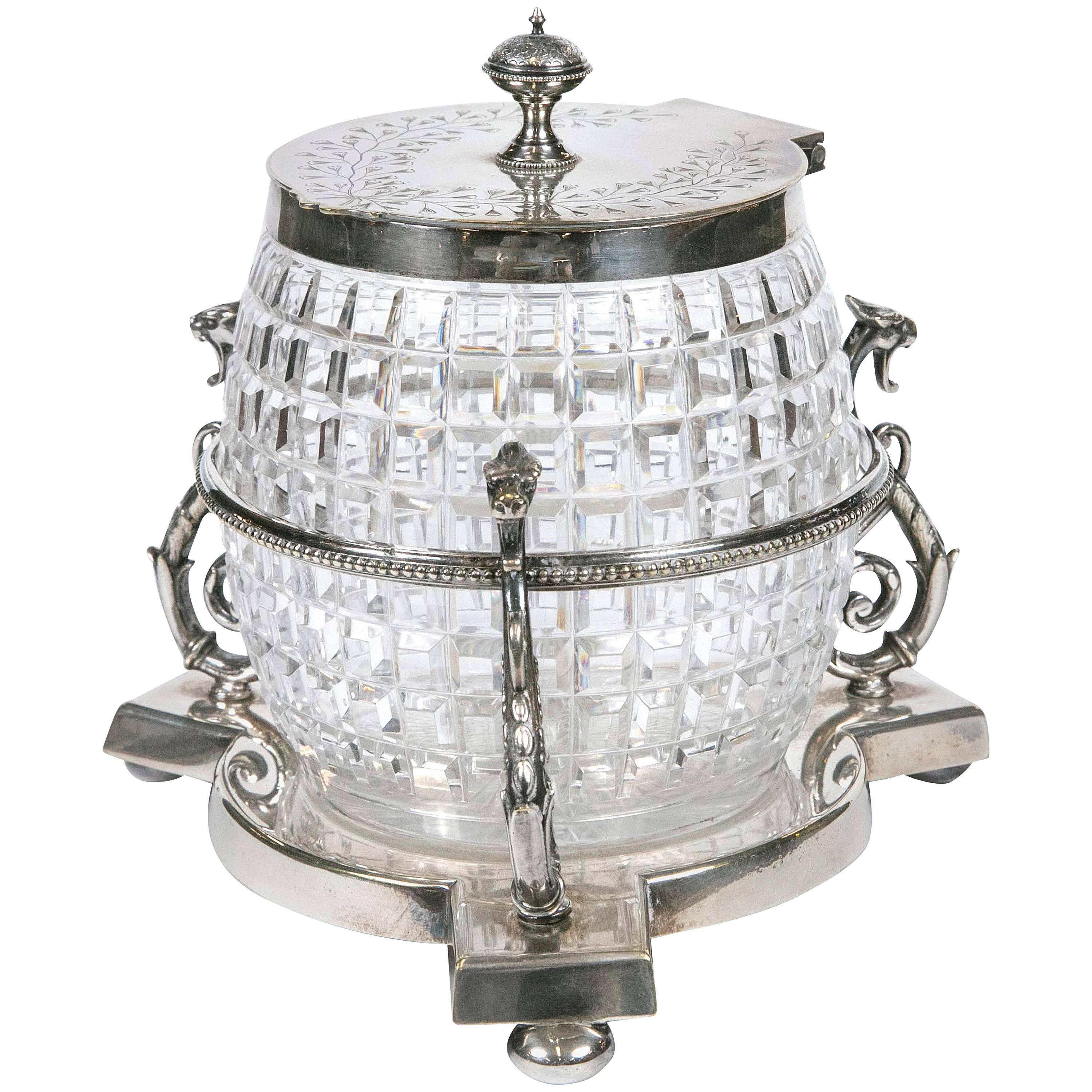 English 1860 Crystal Biscuit Jar with Three Serpents on Silver Plated Stand
