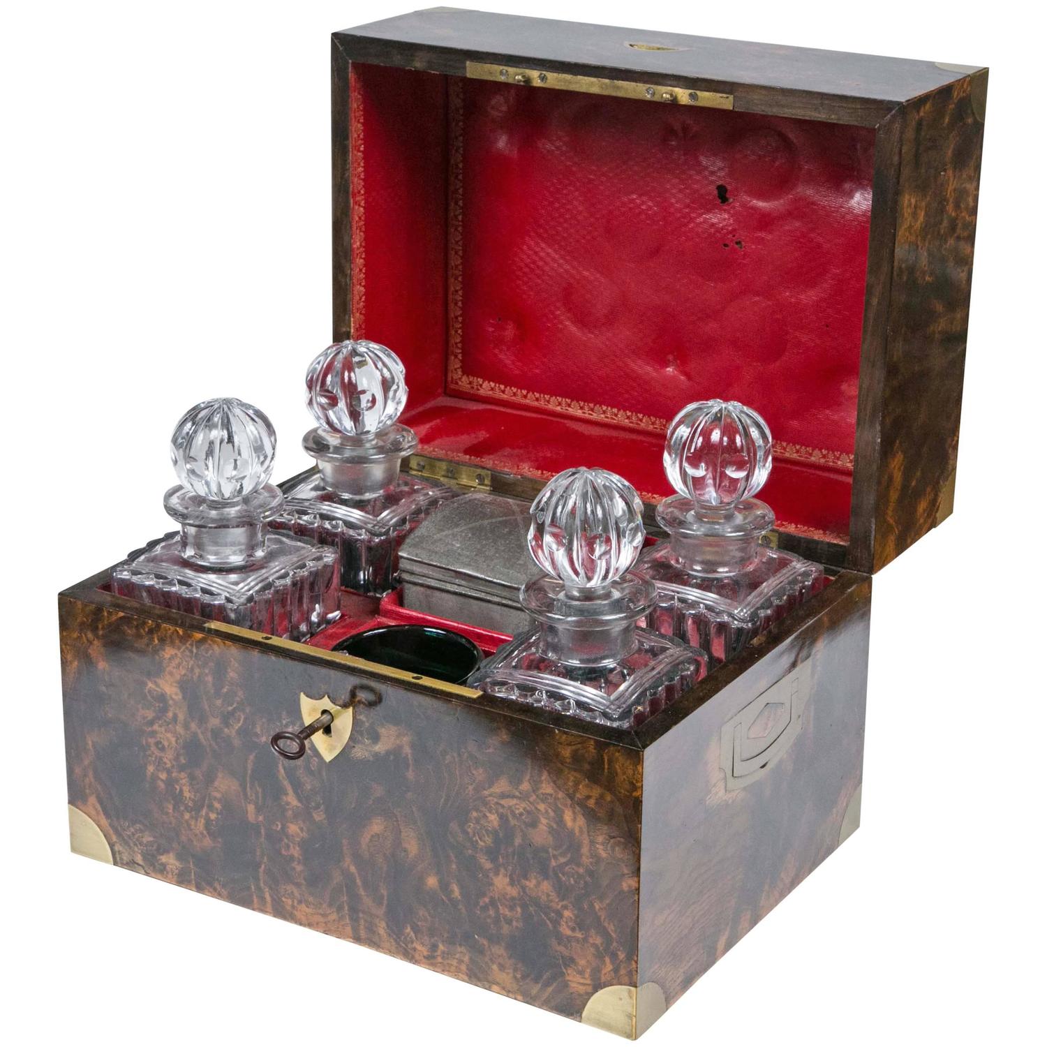 English 1790 Burl Wood Liquor Decanter Travel Bar For Sale at 1stdibs