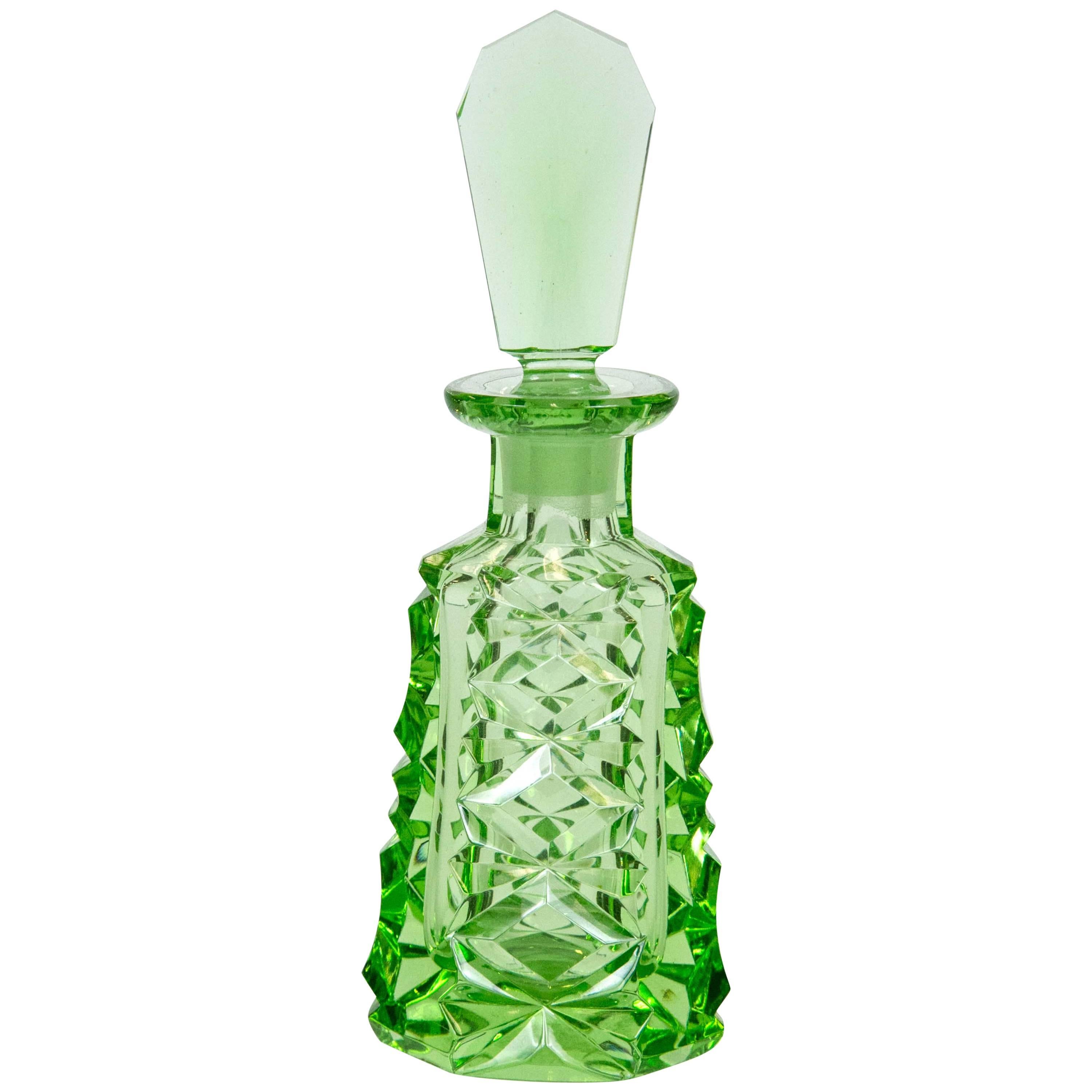 Antique 1920 Czech Crystal Cut Emerald Green Art Deco Perfume Bottle
