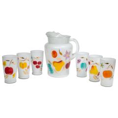 Antique Beautiful Frosted Glass Hand-Painted Gold Leaf Fruit Design Pitcher, Six Glasses