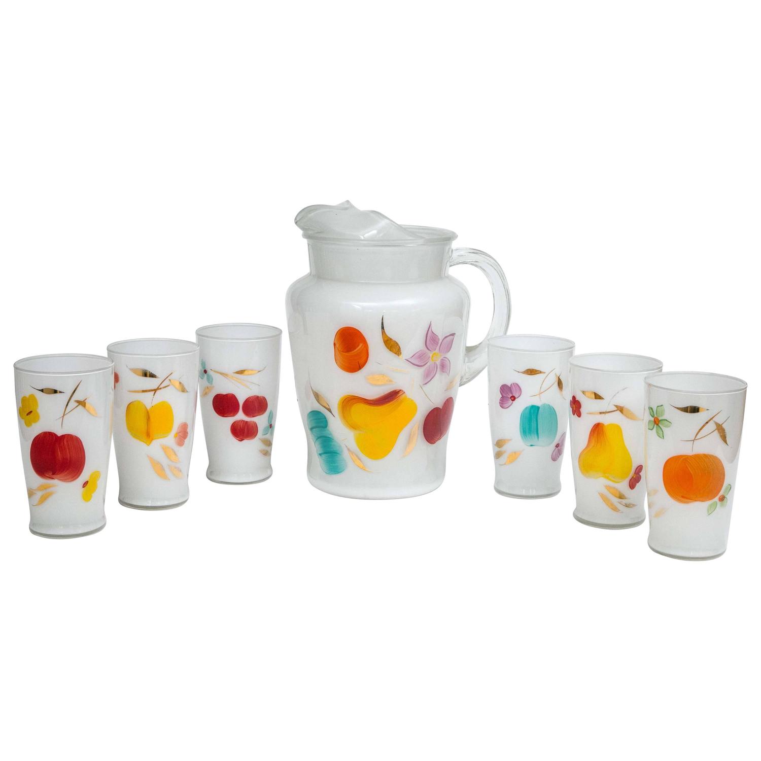 Beautiful Frosted Glass HandPainted Gold Leaf Fruit Design Pitcher