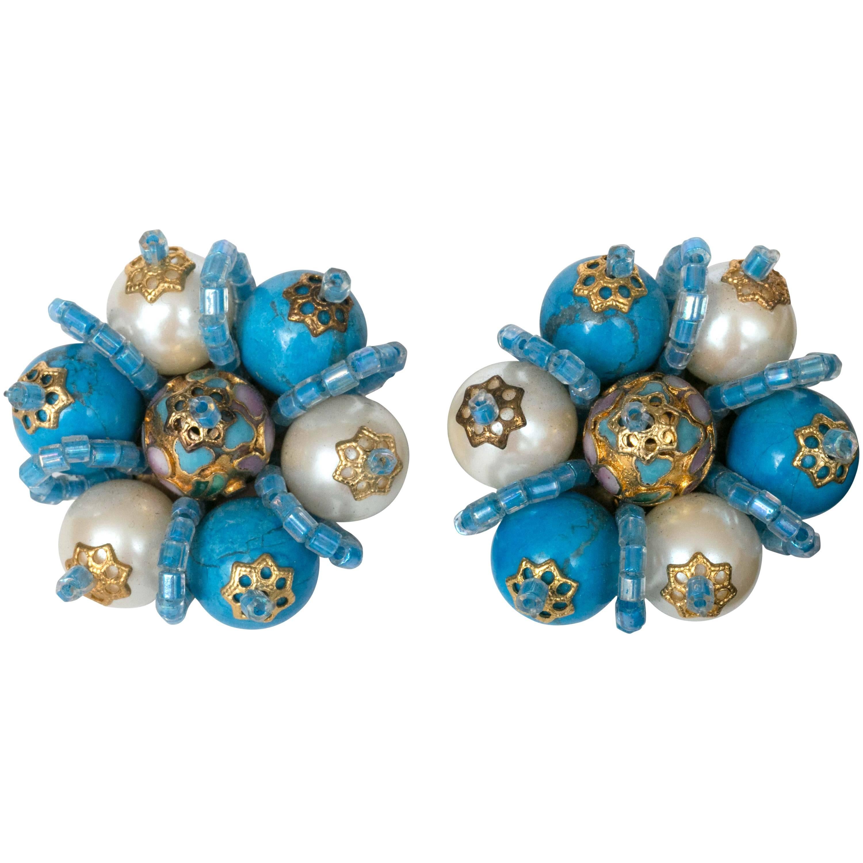 Pair of Vintage "Blue Bayou" Bead Decorated Earrings For Sale