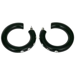 Art Deco Bakelite and Rhinestone Black Hoop Earrings