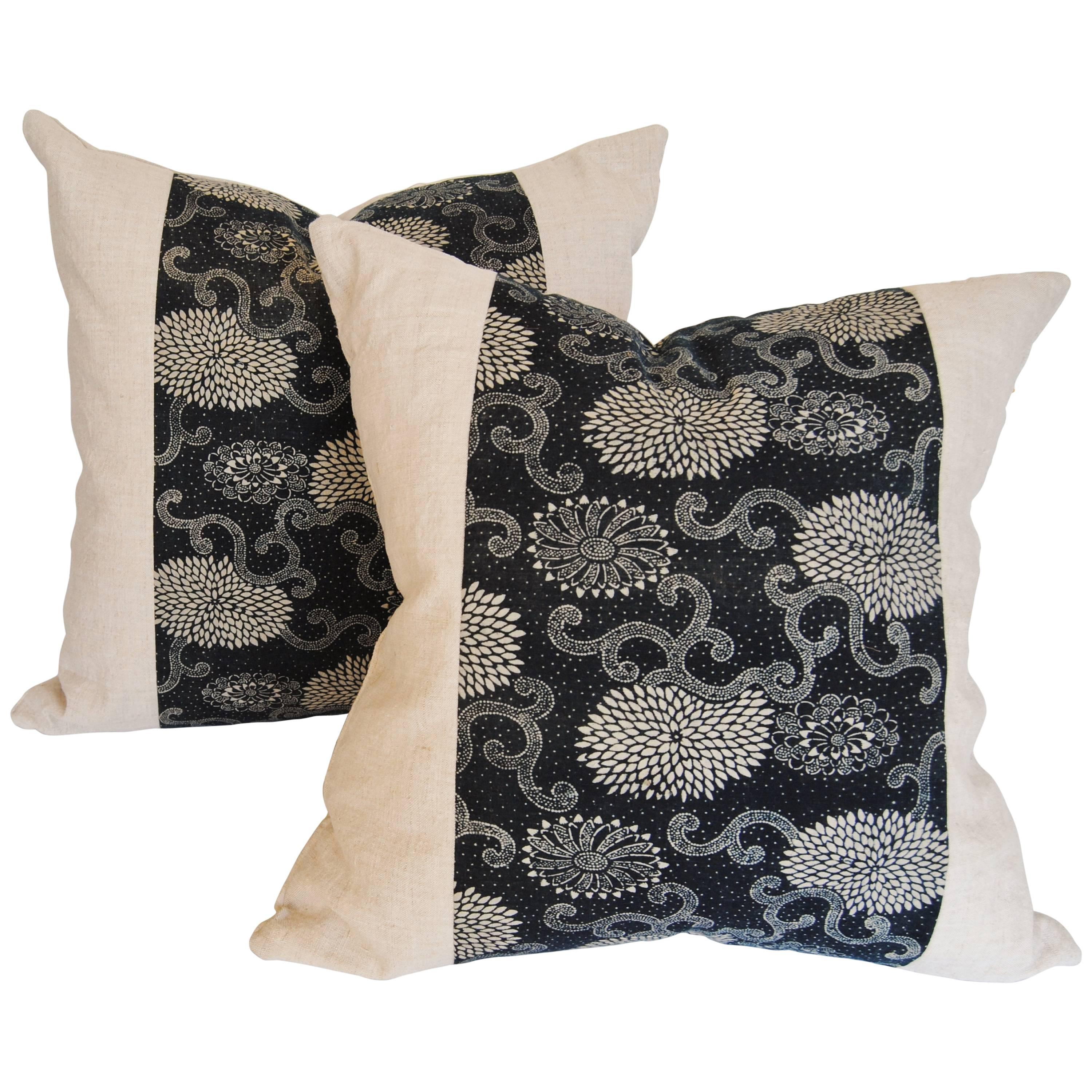 Custom Pair of Pillows Cut from an Antique Japanese Indigo Katazome Textile For Sale