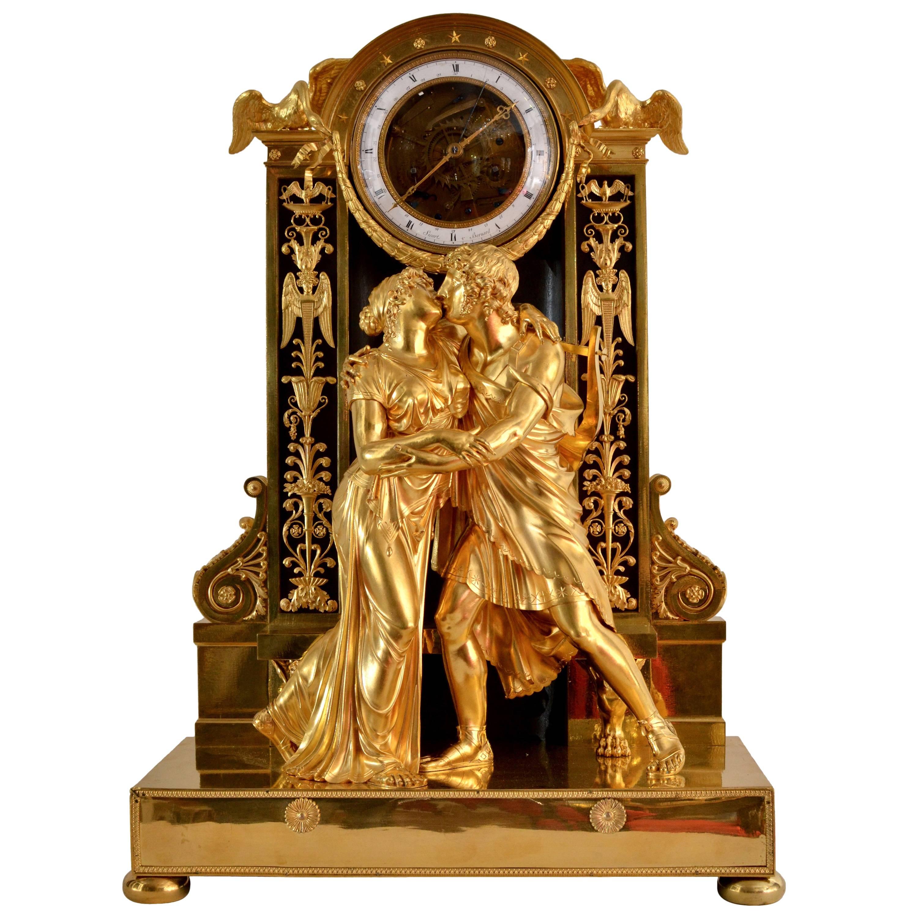 Rare Gilt Bronze Half Skeleton Mantel Clock Signed Sicart & Bernard, Paris