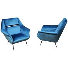 Pair of Blue Velvet Italian Lounge Chairs, Attributed to Carlo de Carli 