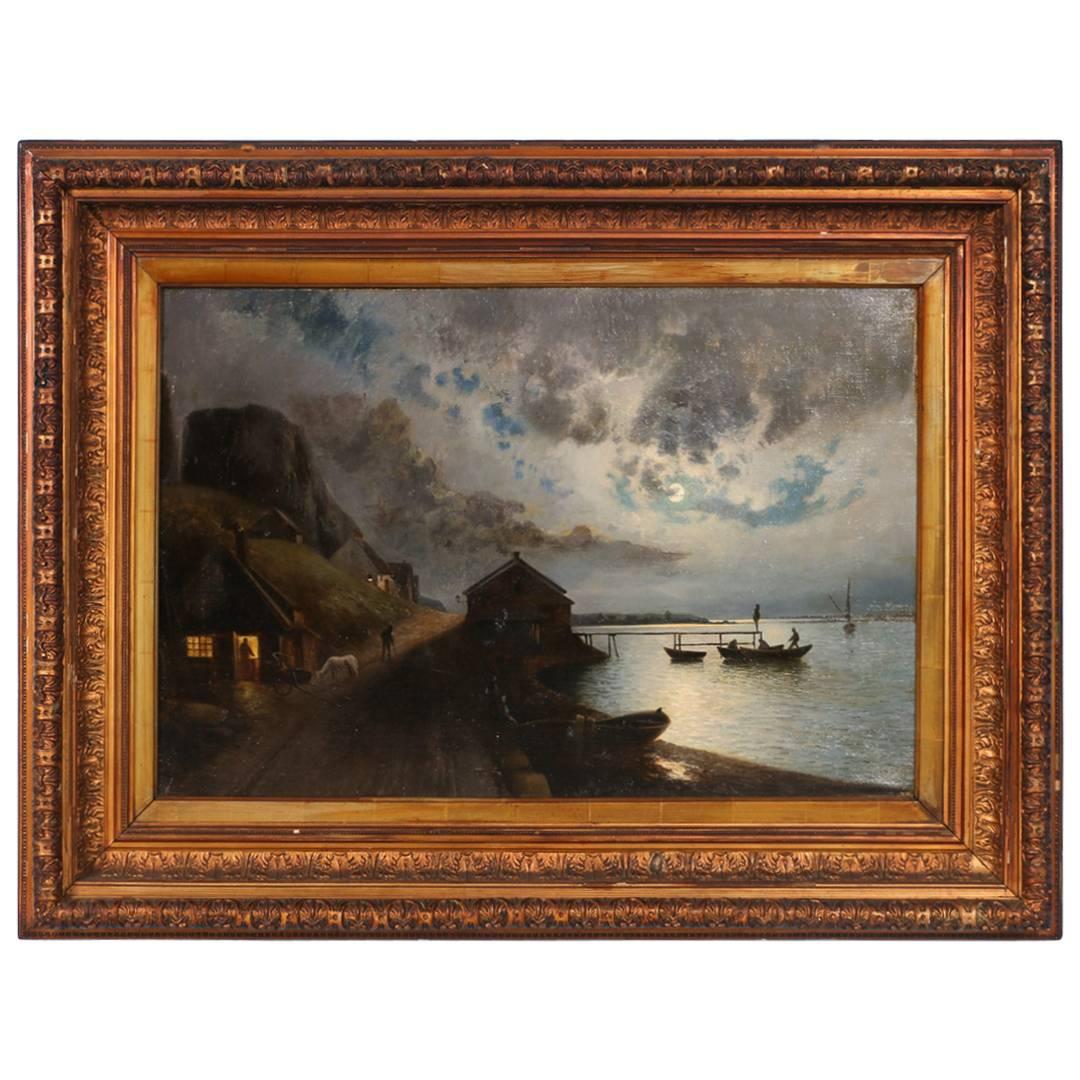 Antique Danish Painting on Canvas of a Moonlit Fishing Village, circa 1840