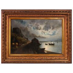 Antique Danish Painting on Canvas of a Moonlit Fishing Village, circa 1840