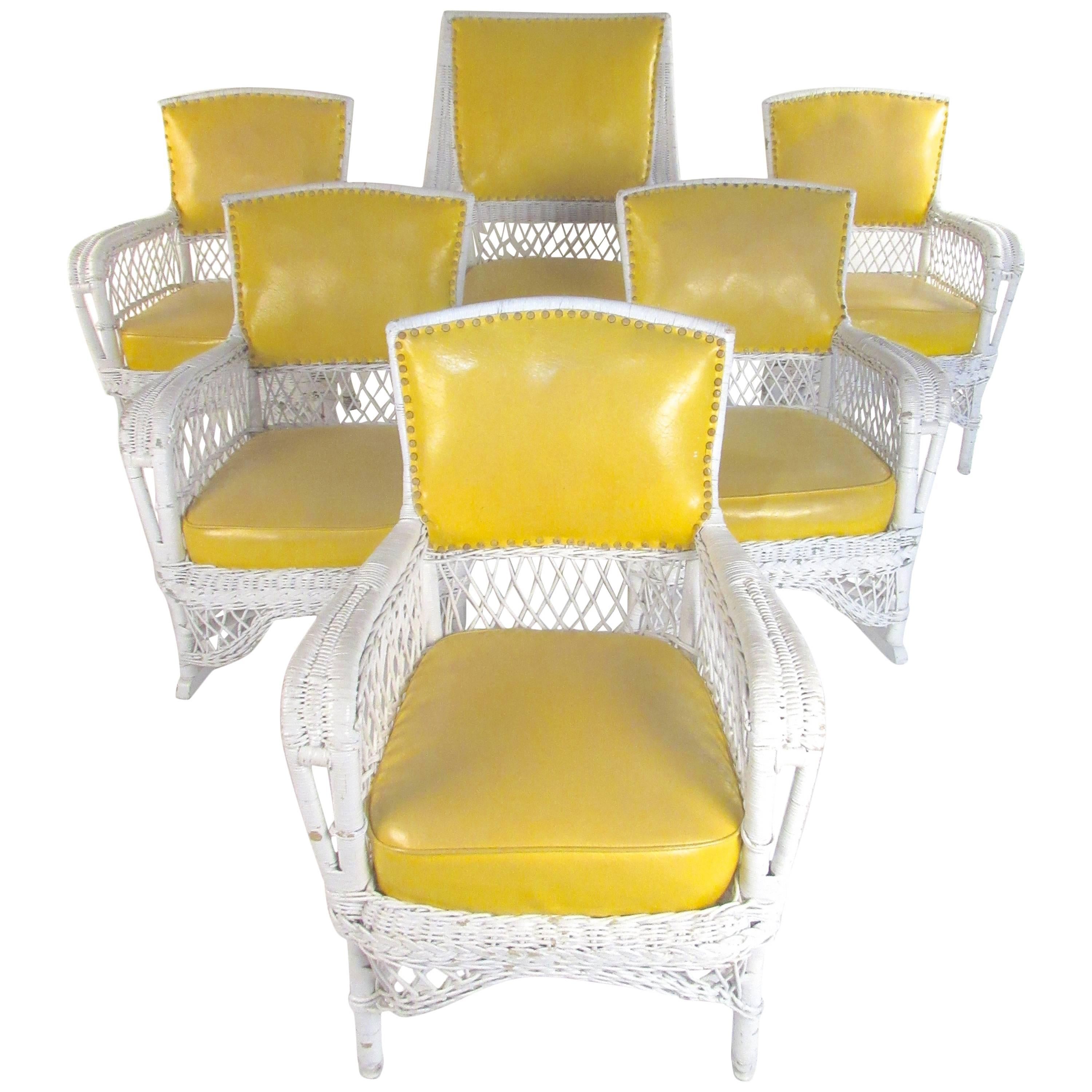 Set of Six Vintage Wicker and Vinyl Chairs, Mid-Century Modern Patio Seating