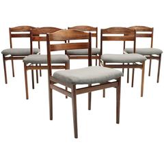 Set of Six Rosewood Dining Chairs with Curved Back and Gray Upholstery