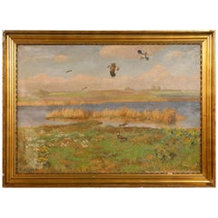 Vintage Painting of Shore Birds in a Marsh, Signed C. Hoyrup, circa 1920