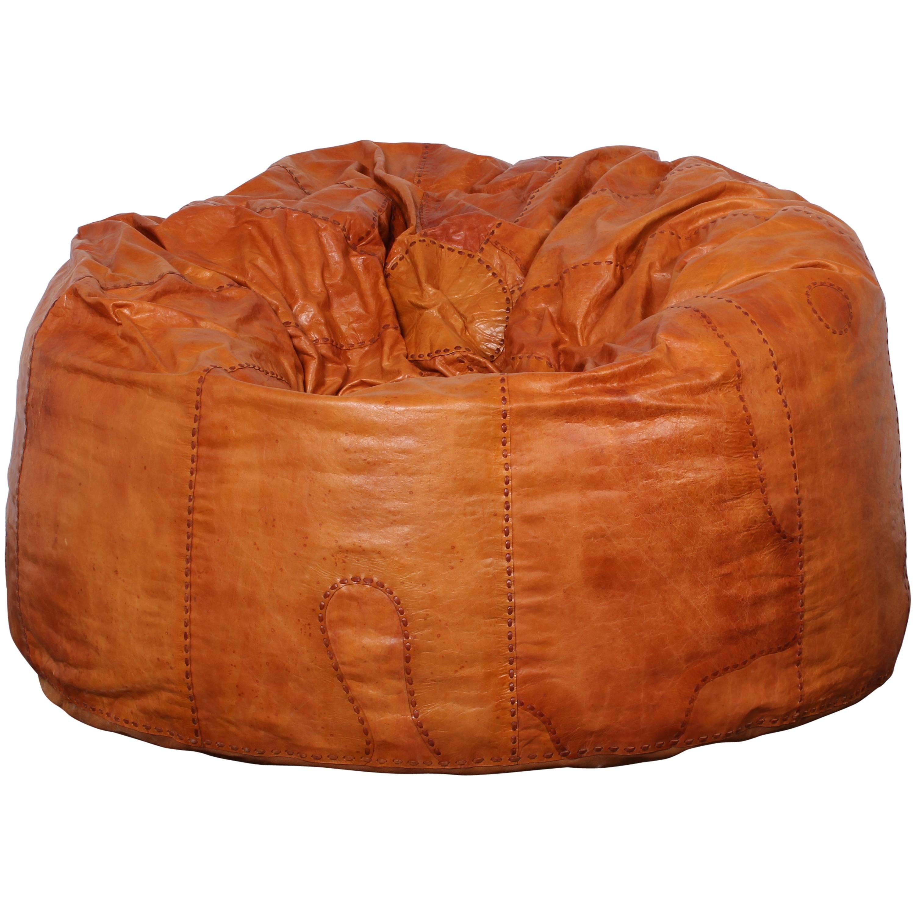 Large Patinated Leather Beanbag