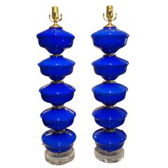 Tall Pair Of Cobalt Blue Murano Glass Lamps Mounted On Lucite Bases