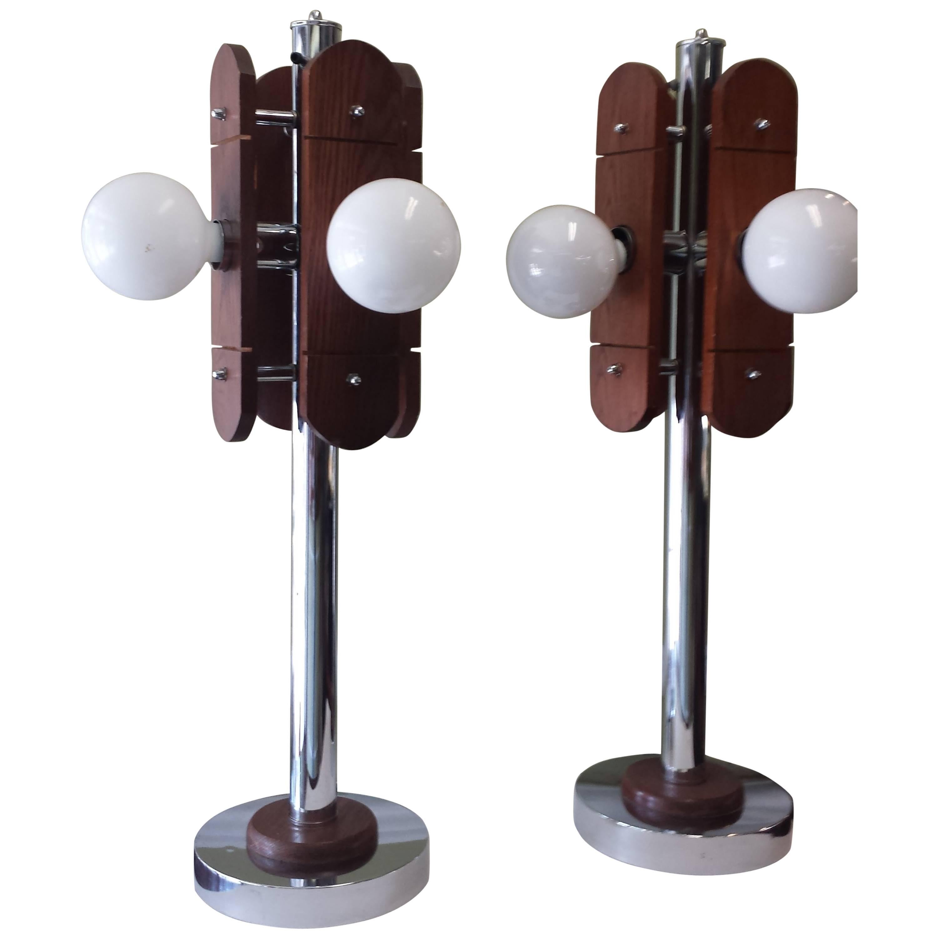 Mid-Century Chrome and Oak Table Lamps, circa 1960s-1970s For Sale