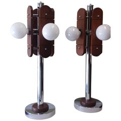 Mid-Century Chrome and Oak Table Lamps, circa 1960s-1970s