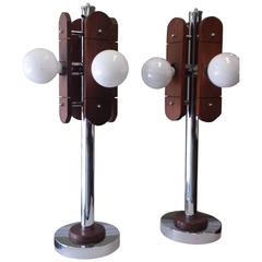 Mid-Century Chrome and Oak Table Lamps, circa 1960s-1970s 12