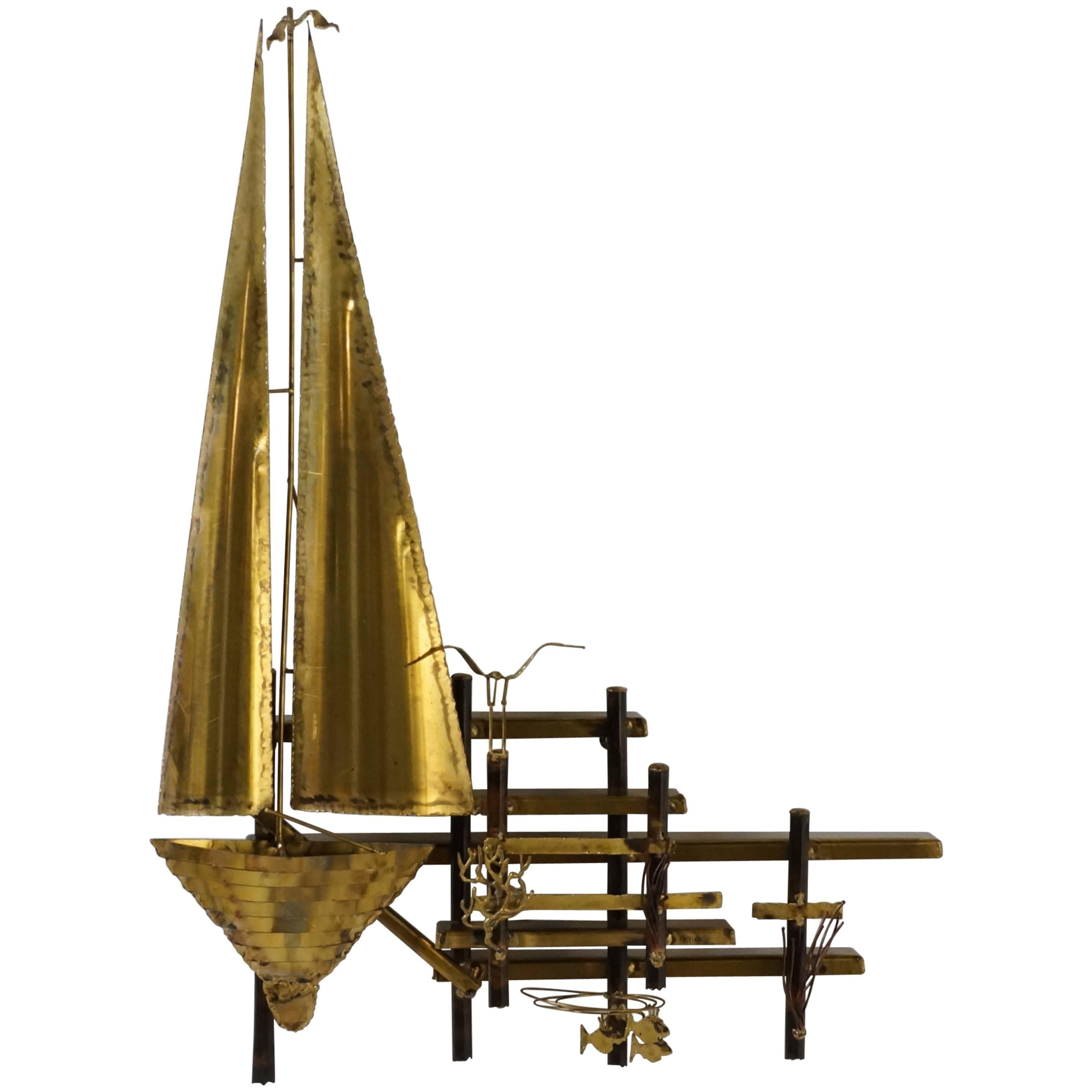 Brutalist Brass Sculpture Sailing Boat Cliff Hyink, 1970s For Sale