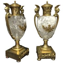 Pair of Empire Style Gilt Bronze-Mounted Rock Crystal Urns