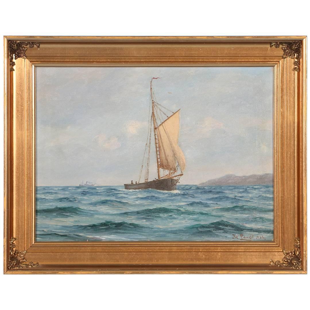 Vintage Marine Painting of a Small Sailboat, Signed Fr. Landt, Dated 1916