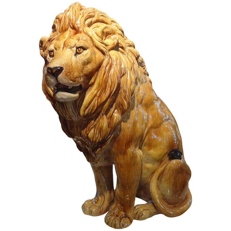 Italian MidCentury Glazed Terracotta Lion Sculpture For Sale at 1stdibs