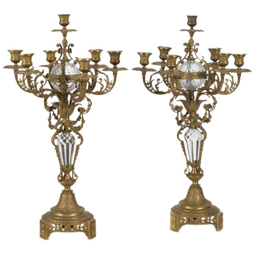Pair of French Crystal and Ormolu Candelabra, 19th Century For Sale