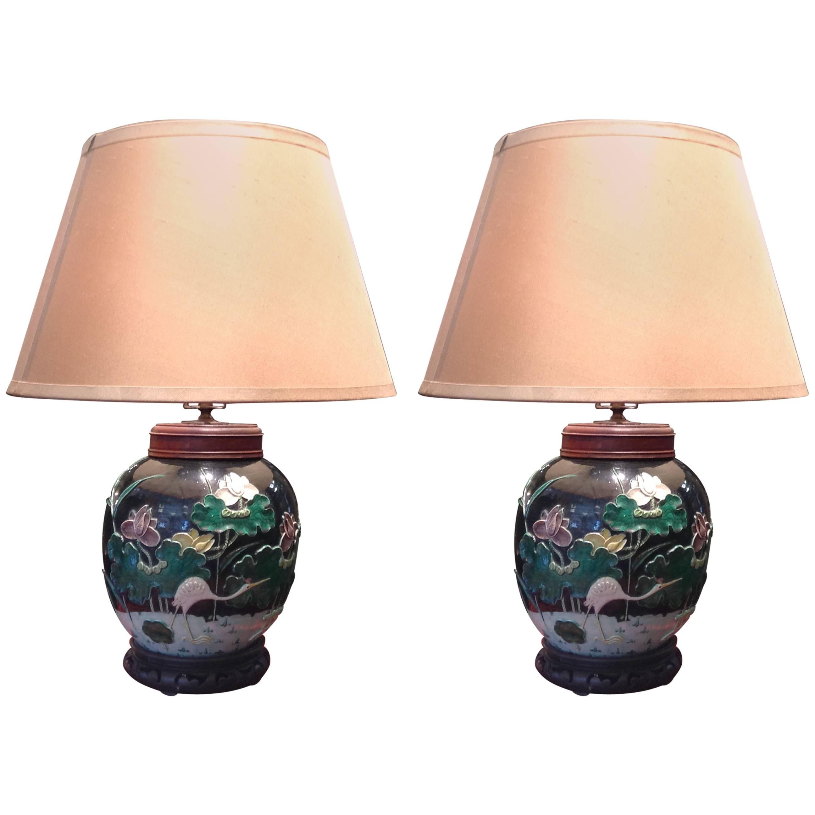 Rare Pair of 19th Century Chinese Porcelain Lotus Blossom Lamps For Sale