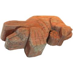 1920s Folk Art Carved Life Sized Resting Dog Sculpture