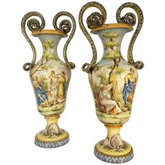 Pair of Antique 19th Century Majolica Italian Amphorae with Scenes