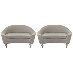 Pair of Belgium Linen Upholstered Sofas with Carved Silvered Legs