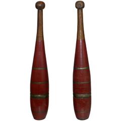 Antique Pair of Red Painted Juggling Pins