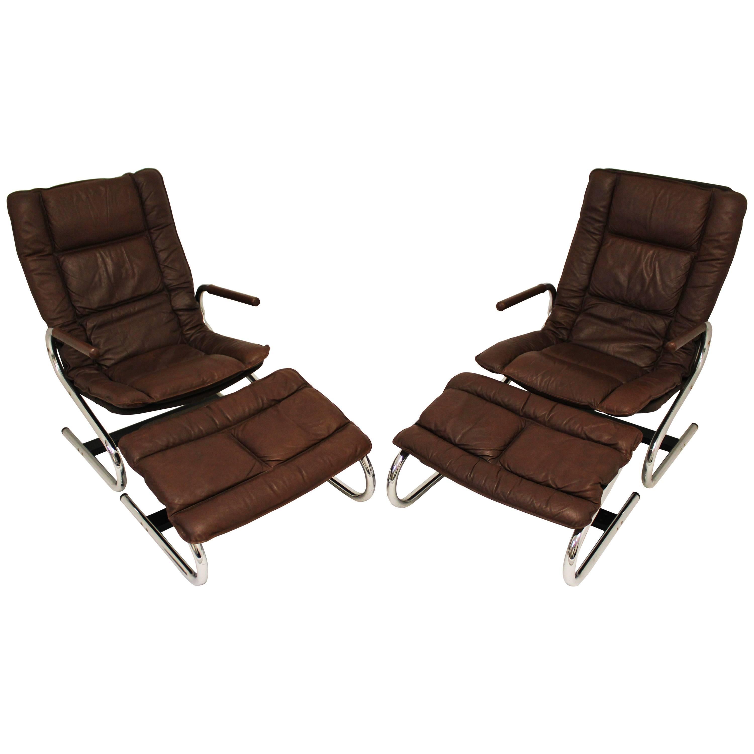 Signed Ingmar Relling for Westnofa Pair of Lounge Chairs and Ottomans