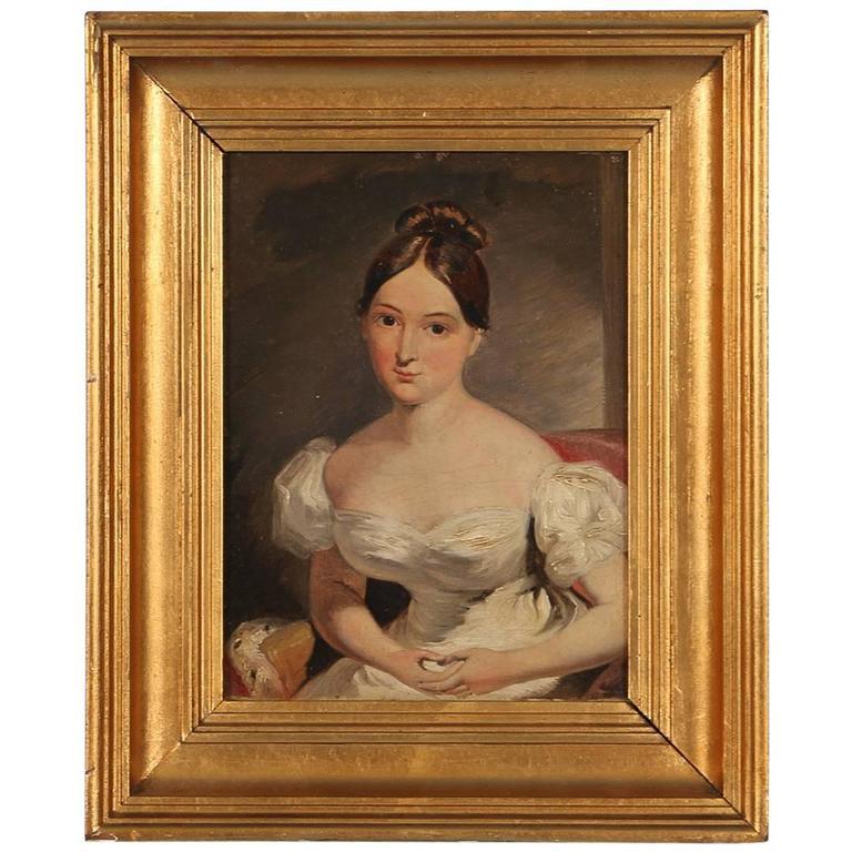 Antique Oil Painting, Portrait of a Young Woman in a White Dress, circa ...