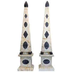 Rare Pair of 1930s Emilio Terry Inlaid Marble Obelisks, France