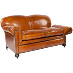 Antique Quality Edwardian Drop Arm Tan Leather Sofa
