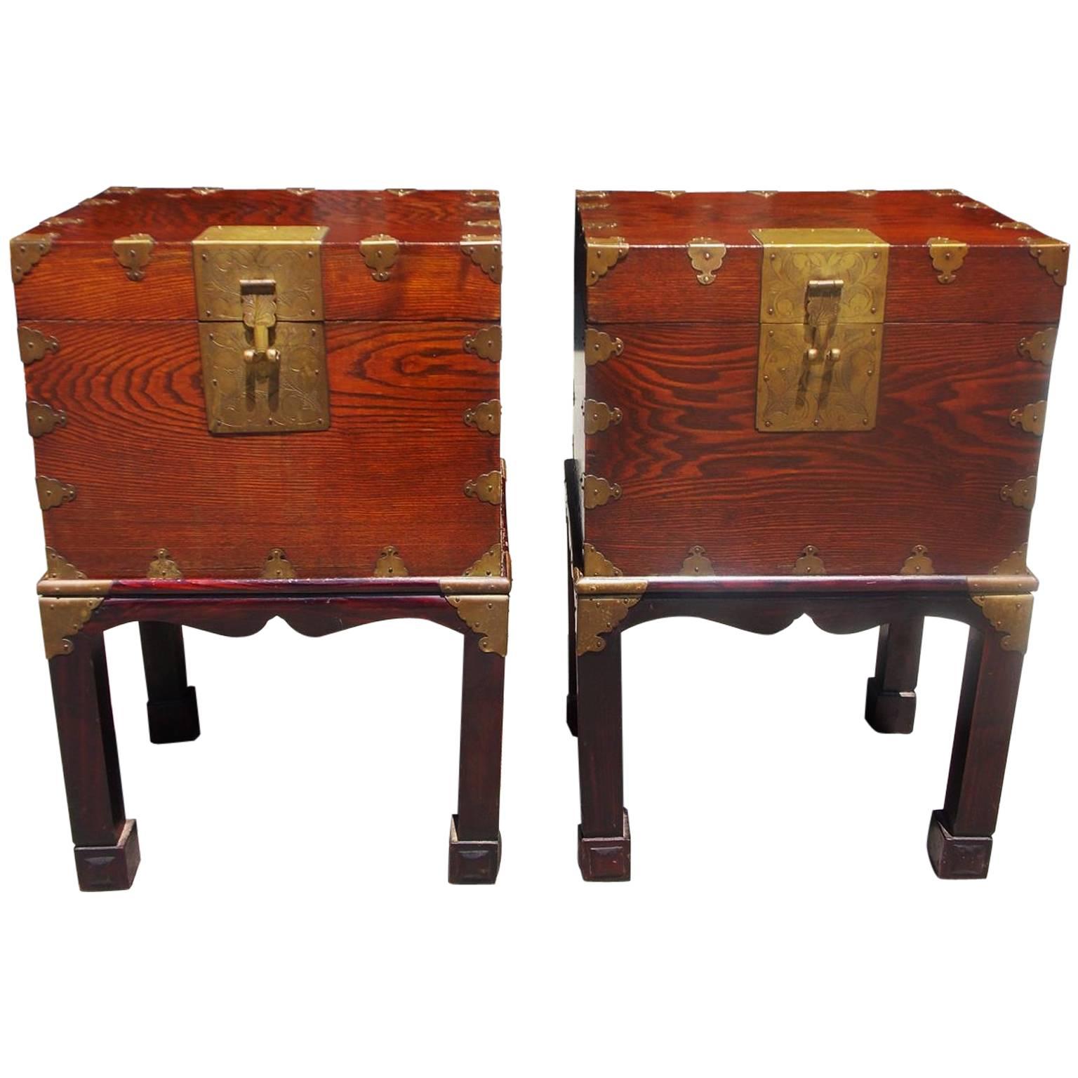 Pair of Chinese Brass-Mounted Document Boxes on Stand, Circa 1870