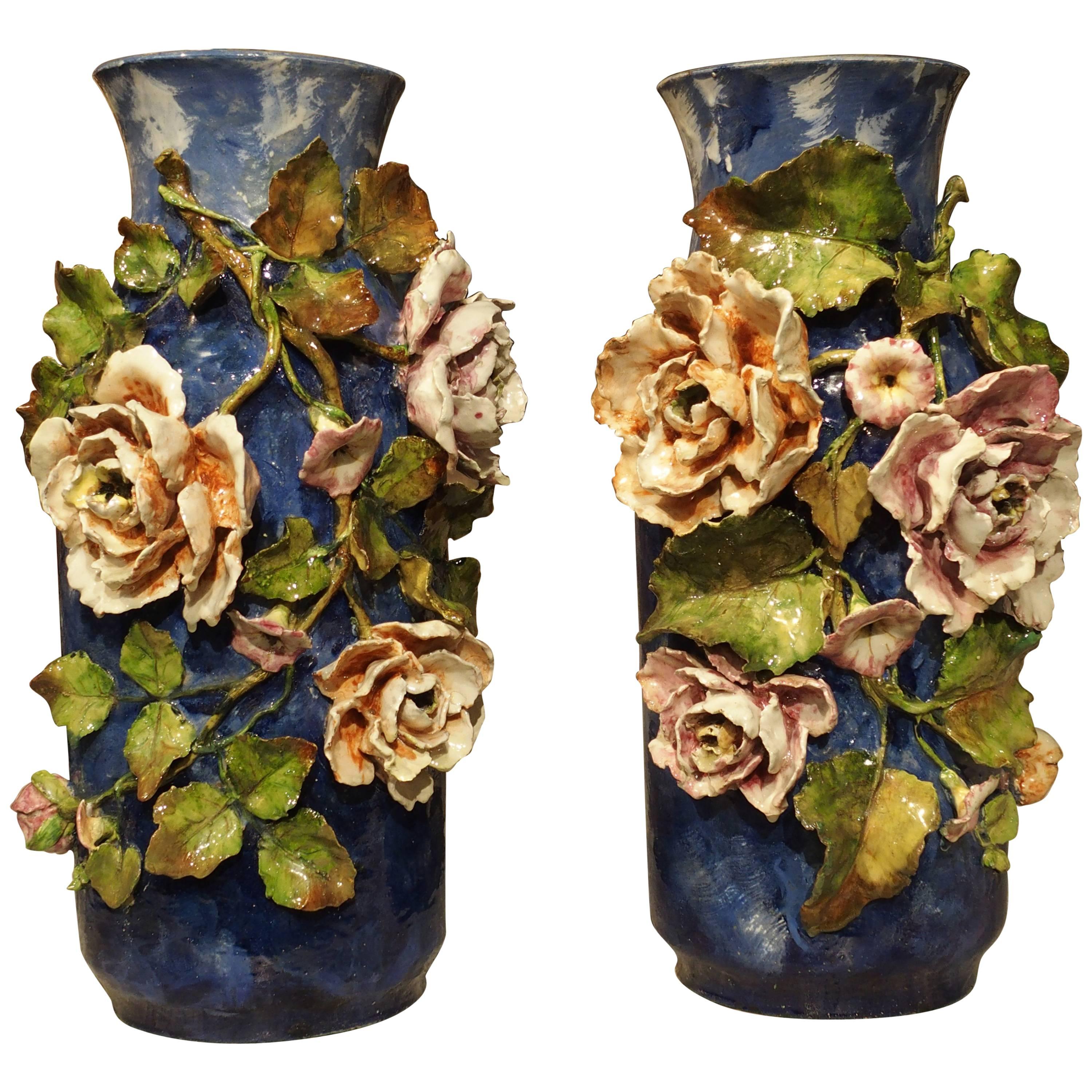 Pair of Deep Blue Antique Barbotine Vases from France, Jean Pointu