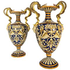 19th Century Antique Italian Renaissance Style Majolica Vases, pair