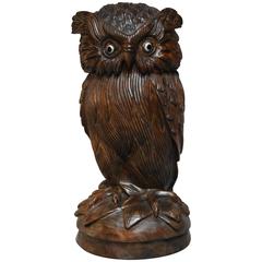 Antique Superb Late 19th Century Finely Carved Black Forest Owl Storage Jar