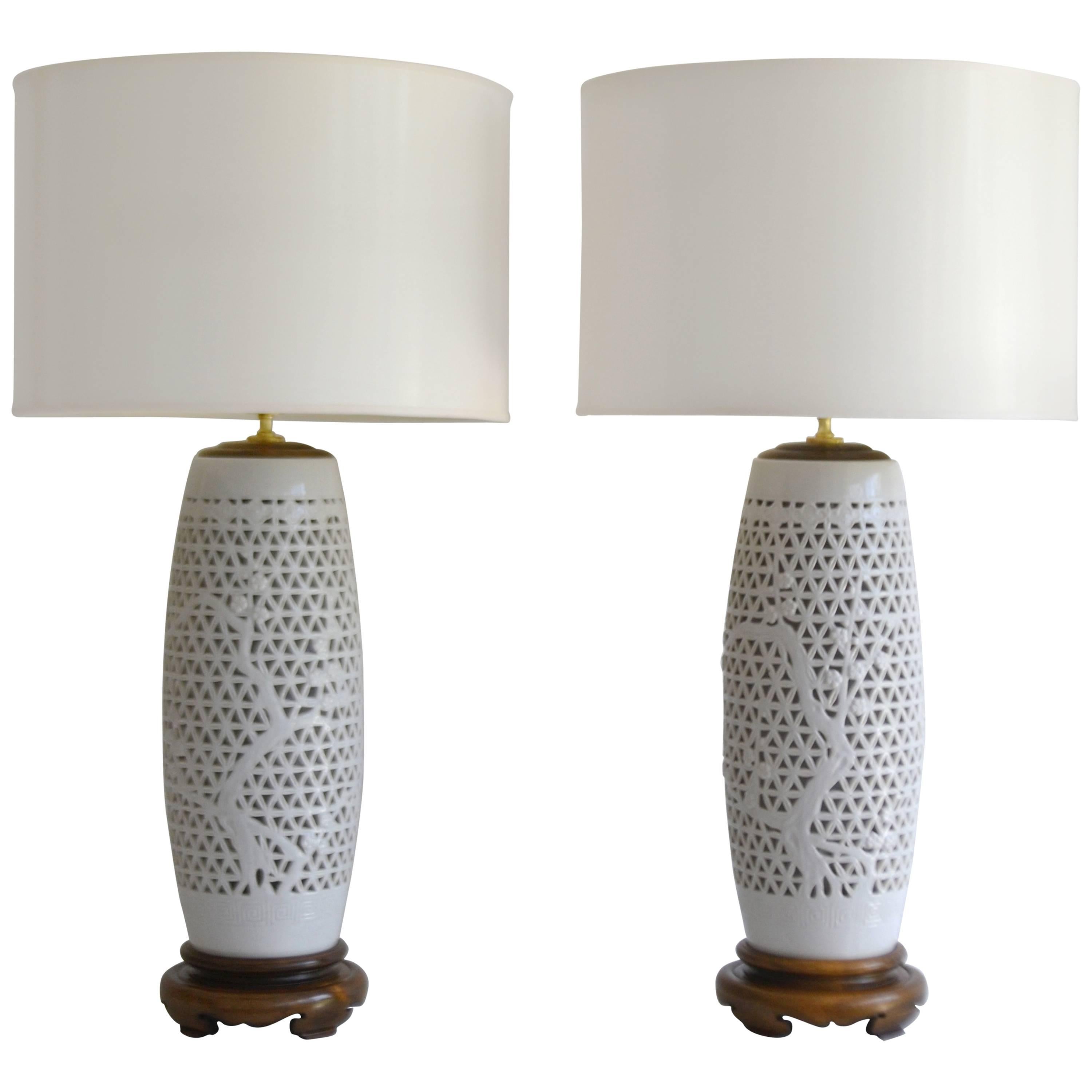 Pair of Hollywood Regency Pierced Porcelain Blanc de Chine Table Lamps