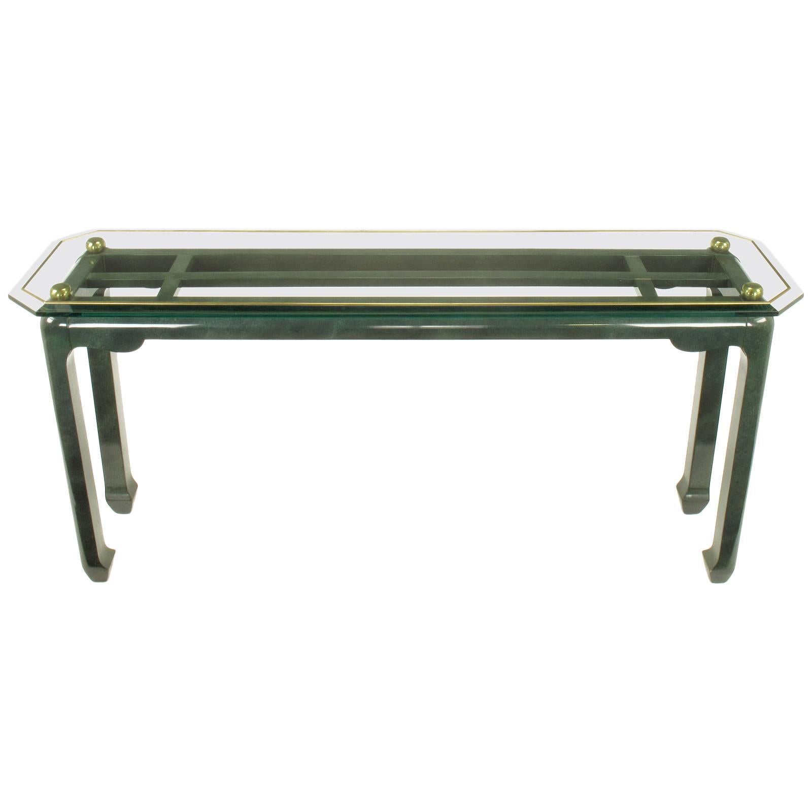 Heathered Green Ming Style Console Table with Beveled Glass Atop Brass Spheres