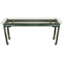 Heathered Green Ming Style Console Table with Beveled Glass Atop Brass Spheres 7