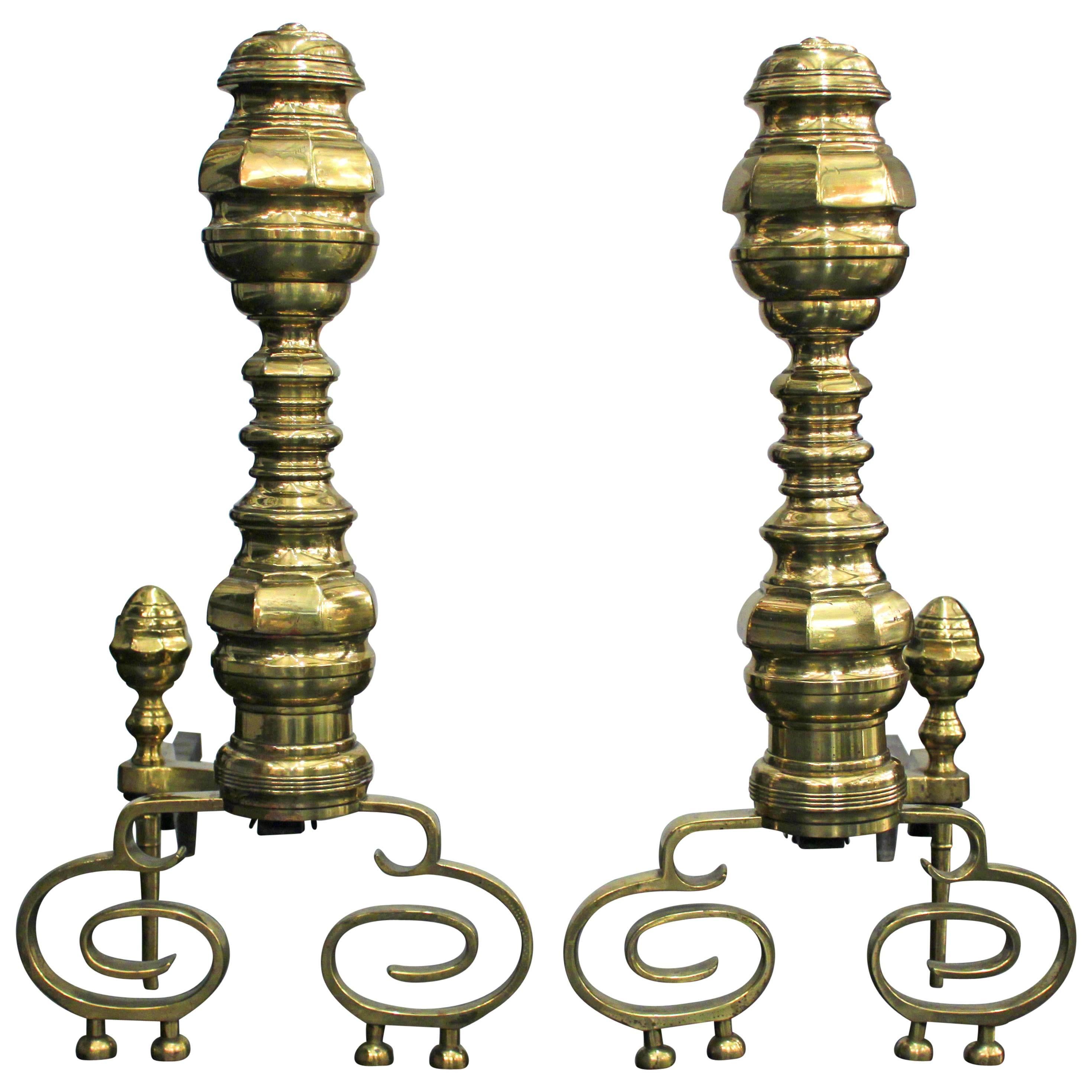 Pair of Exceptional Decorative Andirons in Polished Brass For Sale