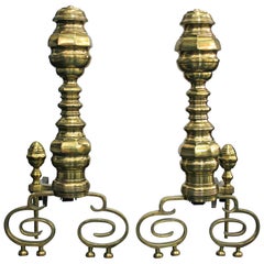 Vintage Pair of Exceptional Decorative Andirons in Polished Brass